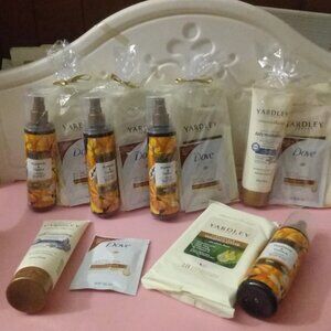 4 Gift bags Yardley washcloths lotion +Beloved Vegan body mist Dove hair mask